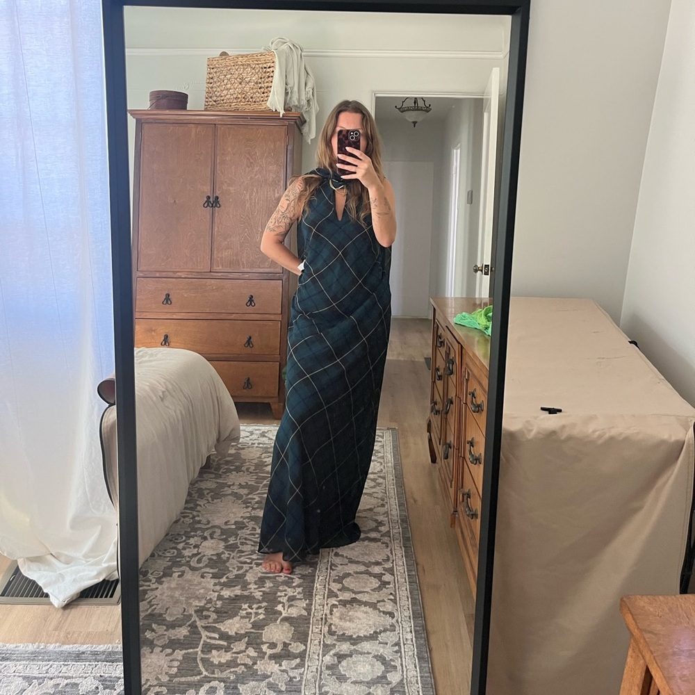 Lauren Ralph Lauren Plaid Crinkle Georgette Tie-Neck Maxi Gown – NWT